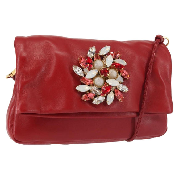 Miu Miu Bijoux Shoulder Bag Leather Red Gold Auth SW1539