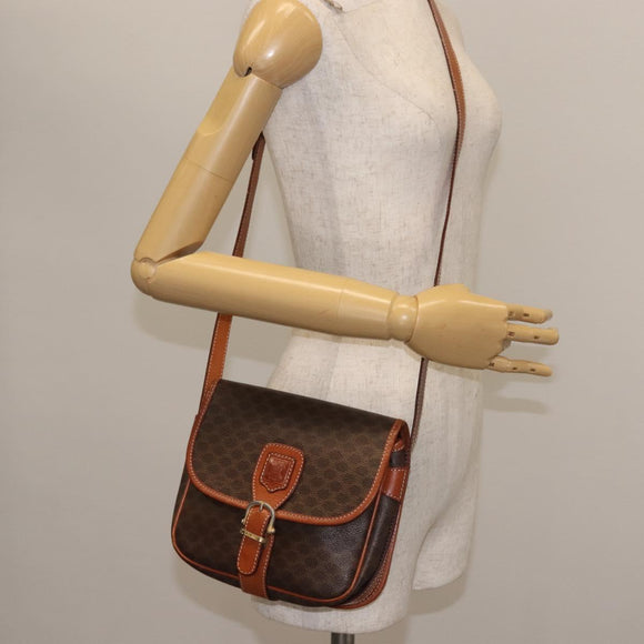 CELINE Macadam Canvas Shoulder Bag PVC Leather Brown Gold Auth SW1550