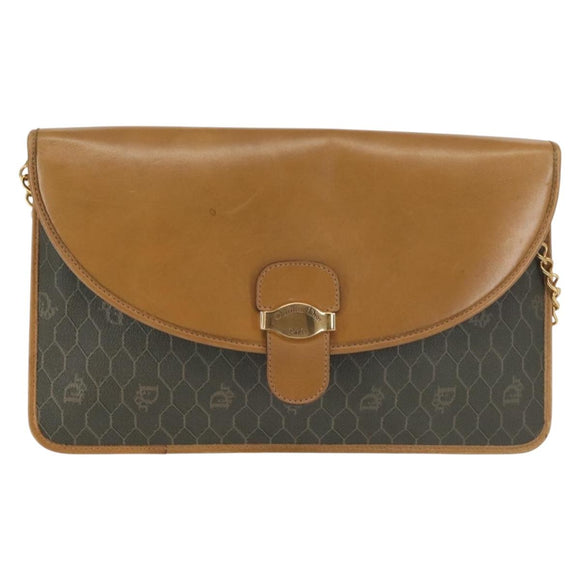 Christian Dior Honeycomb Canvas Chain Shoulder Bag PVC Brown Gold Auth SW1555