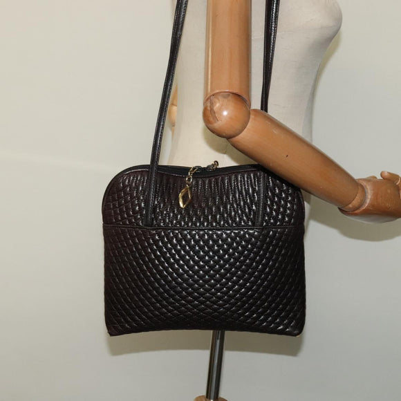 BALLY Quilted Shoulder Bag Leather Dark Brown Auth sw159