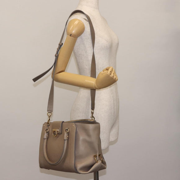 Salvatore Ferragamo Gancini Hand Bag Leather 2way Beige Gold Auth sw1593