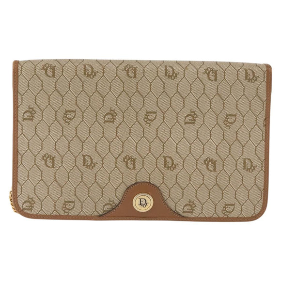 Christian Dior Honeycomb Canvas Chain Shoulder Bag PVC Leather Beige Auth sw1596