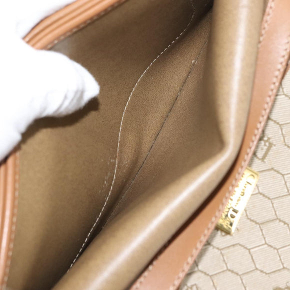 Christian Dior Honeycomb Canvas Chain Shoulder Bag PVC Leather Beige Auth sw1596