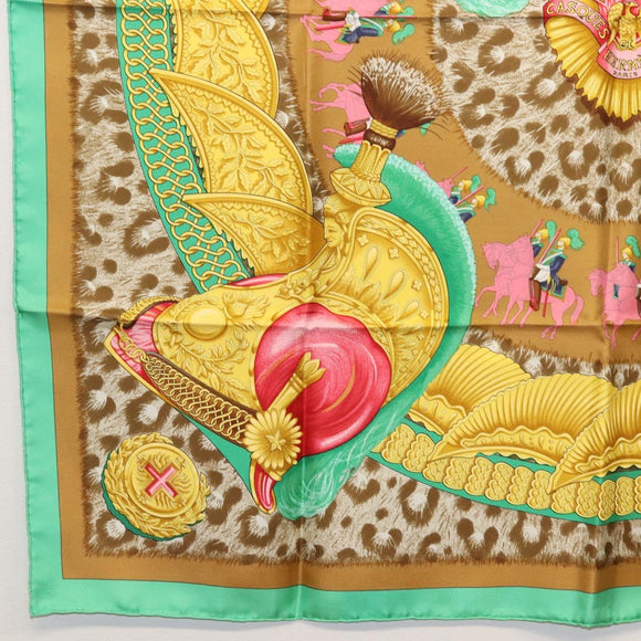 HERMES Carre 90 Scarf ""CASQUES et PLUMETS"" Silk Green Auth sw1609