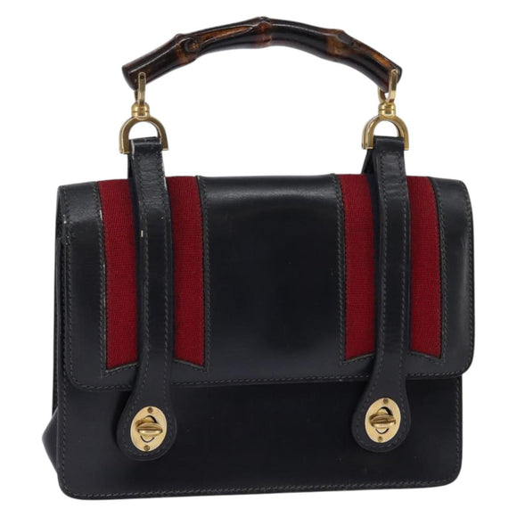 GUCCI Bamboo Sherry Line Hand Bag Leather Navy Red gold Auth SW1701