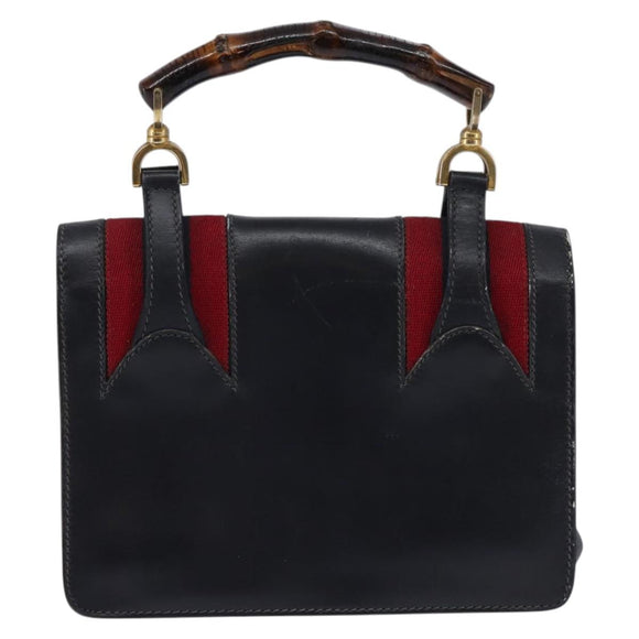 GUCCI Bamboo Sherry Line Hand Bag Leather Navy Red gold Auth SW1701