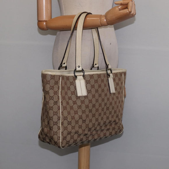 GUCCI GG Canvas Tote Bag Beige Silver 113017 Auth SW1705