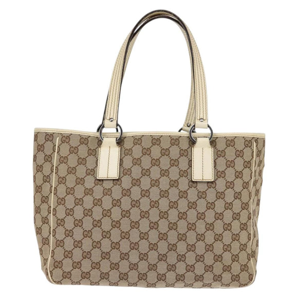 GUCCI GG Canvas Tote Bag Beige Silver 113017 Auth SW1705