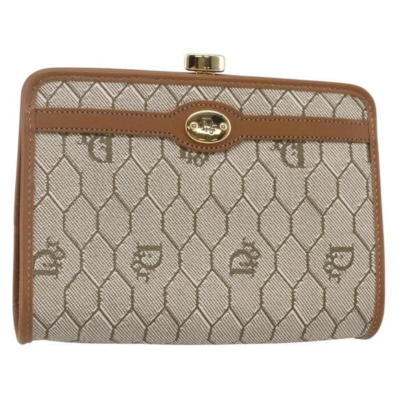 Christian Dior Honeycomb Canvas Pouch PVC Beige Gold Auth SW1719