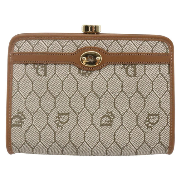 Christian Dior Honeycomb Canvas Pouch PVC Beige Gold Auth SW1719