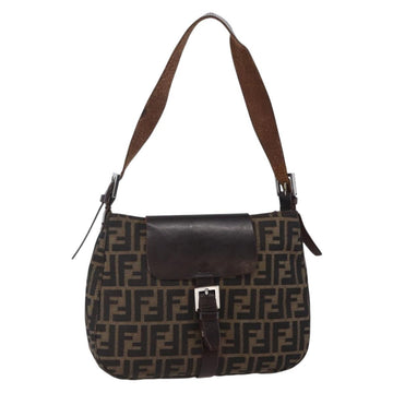 FENDI Zucca Canvas Mamma Baguette Shoulder Bag Black Brown Silver Auth SW1723