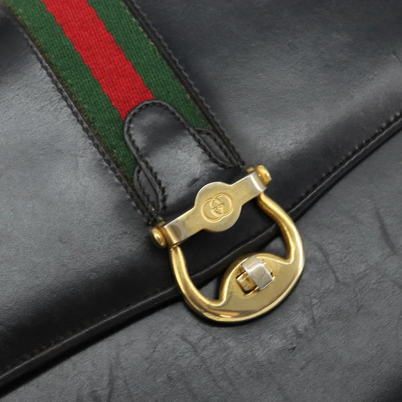 GUCCI Web Sherry Line Shoulder Bag Leather Black Gold Auth SW1764