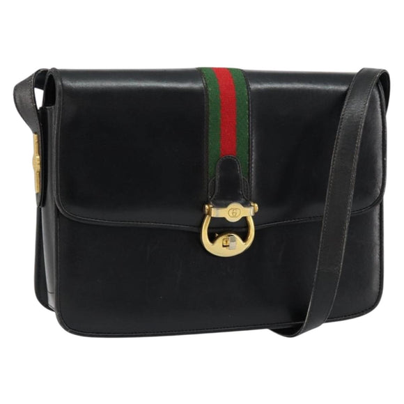 GUCCI Web Sherry Line Shoulder Bag Leather Black Gold Auth SW1764