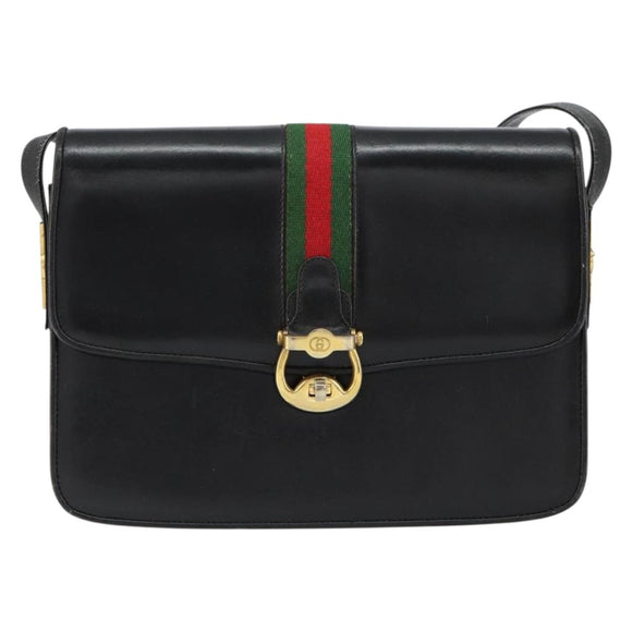 GUCCI Web Sherry Line Shoulder Bag Leather Black Gold Auth SW1764