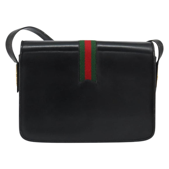 GUCCI Web Sherry Line Shoulder Bag Leather Black Gold Auth SW1764