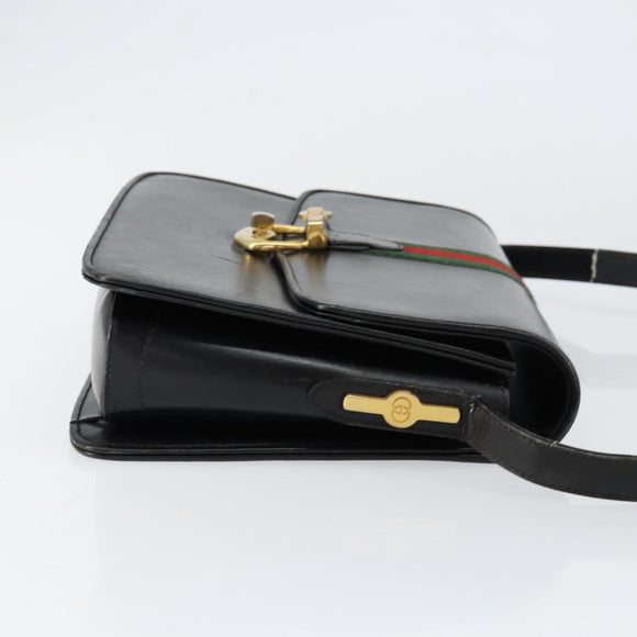 GUCCI Web Sherry Line Shoulder Bag Leather Black Gold Auth SW1764