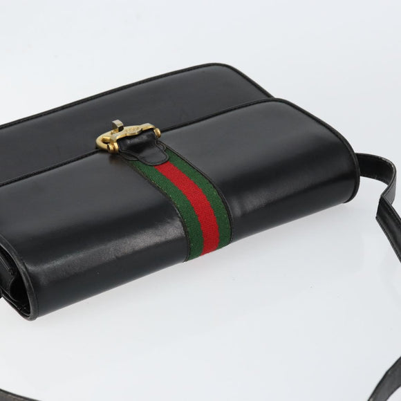 GUCCI Web Sherry Line Shoulder Bag Leather Black Gold Auth SW1764