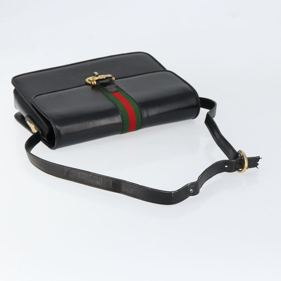 GUCCI Web Sherry Line Shoulder Bag Leather Black Gold Auth SW1764