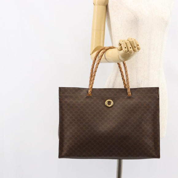 CELINE Macadam Canvas Tote Bag PVC Leather 2way Brown Gold Auth SW1793