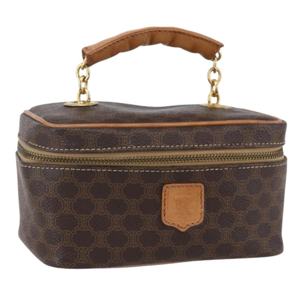 CELINE Macadam Canvas Vanity Pouch PVC Leather Brown Gold Auth SW1803
