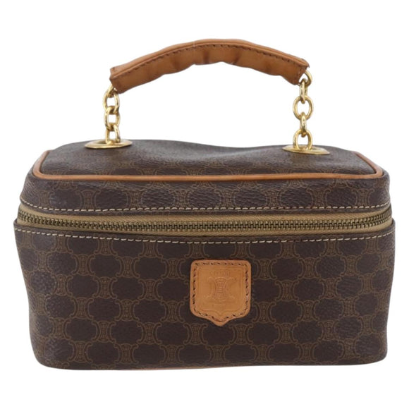CELINE Macadam Canvas Vanity Pouch PVC Leather Brown Gold Auth SW1803