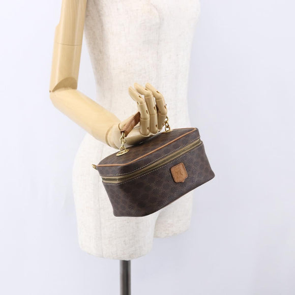 CELINE Macadam Canvas Vanity Pouch PVC Leather Brown Gold Auth SW1803