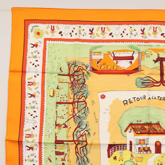 HERMES Carre 90 Scarf ""RETOUR A LA TERRE"" Silk Orange Auth SW1824M