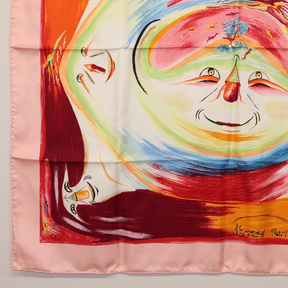 HERMES Carre 90 Scarf ""Smiles in Third millenary"" Silk Pink Auth SW1826M