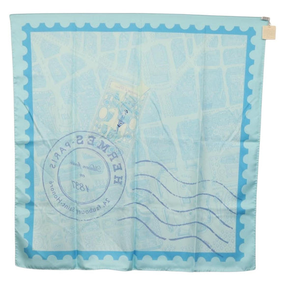 HERMES Carre 90 Scarf ""de passage a Paris"" Silk Light Blue Auth SW1828M