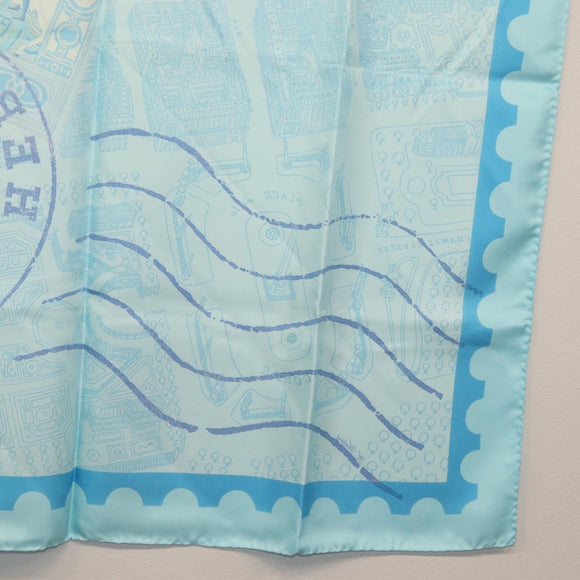 HERMES Carre 90 Scarf ""de passage a Paris"" Silk Light Blue Auth SW1828M