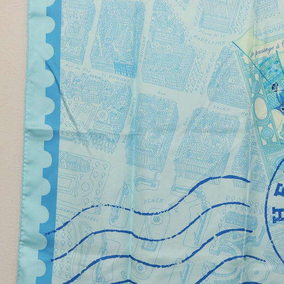 HERMES Carre 90 Scarf ""de passage a Paris"" Silk Light Blue Auth SW1828M