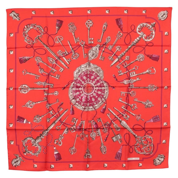 HERMES Carre 90 Scarf ""LES CLES"" Silk Red Auth SW1829M