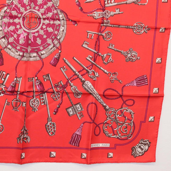 HERMES Carre 90 Scarf ""LES CLES"" Silk Red Auth SW1829M