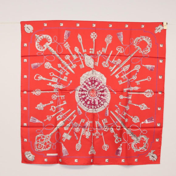 HERMES Carre 90 Scarf ""LES CLES"" Silk Red Auth SW1829M
