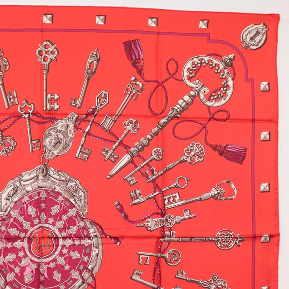 HERMES Carre 90 Scarf ""LES CLES"" Silk Red Auth SW1829M