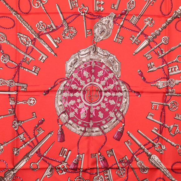 HERMES Carre 90 Scarf ""LES CLES"" Silk Red Auth SW1829M