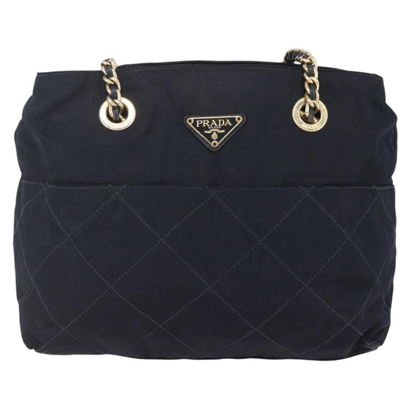 PRADA Chain Shoulder Bag Nylon Navy Gold Auth SW1835
