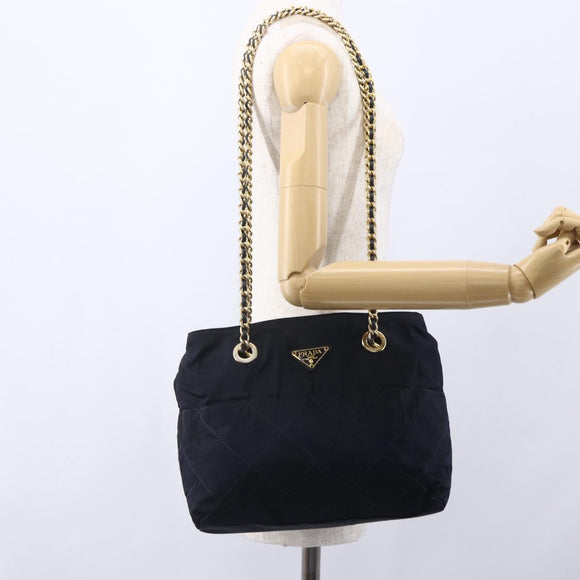 PRADA Chain Shoulder Bag Nylon Navy Gold Auth SW1835