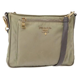 PRADA Shoulder Bag Nylon Leather Beige Gold Auth SW1841