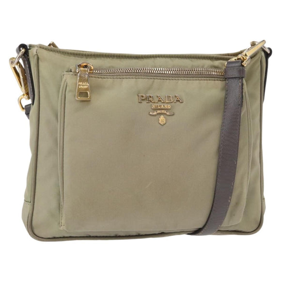 PRADA Shoulder Bag Nylon Leather Beige Gold Auth SW1841