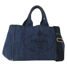 PRADA Canapa MM Hand Bag Denim 2way Blue Gold Auth SW1842