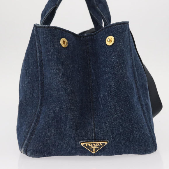 PRADA Canapa MM Hand Bag Denim 2way Blue Gold Auth SW1842