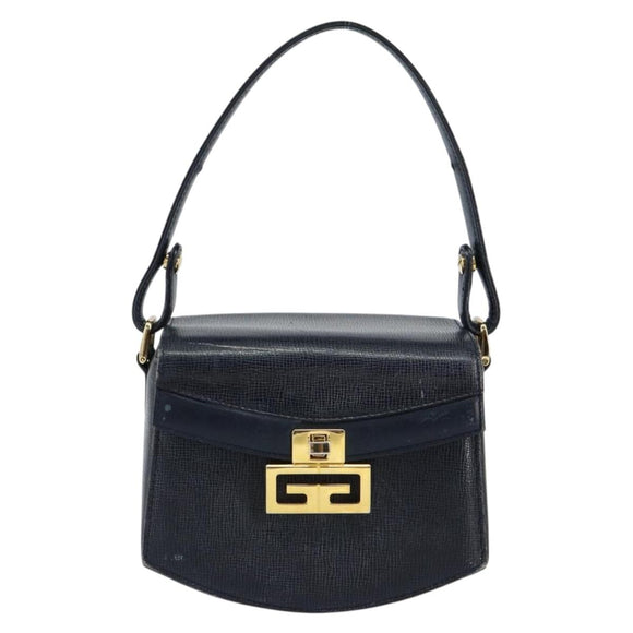 GIVENCHY Hand Bag Leather Navy Gold Auth SW1855