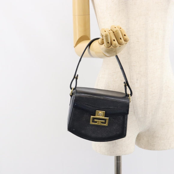 GIVENCHY Hand Bag Leather Navy Gold Auth SW1855