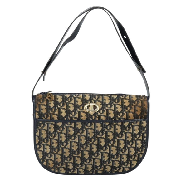 Christian Dior Trotter Canvas Shoulder Bag Navy Gold Auth SW1865