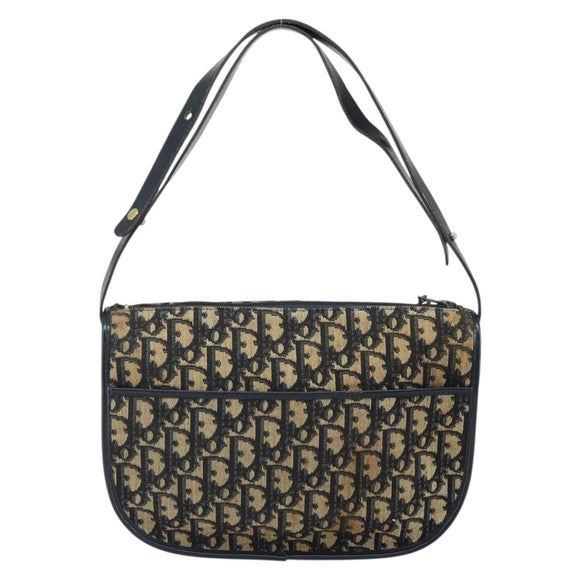 Christian Dior Trotter Canvas Shoulder Bag Navy Gold Auth SW1865