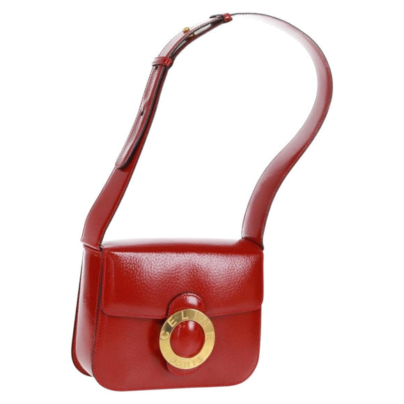 CELINE Circle Shoulder Bag Leather Red Gold Auth SW1866V