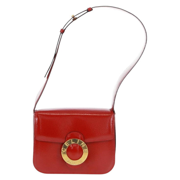 CELINE Circle Shoulder Bag Leather Red Gold Auth SW1866V