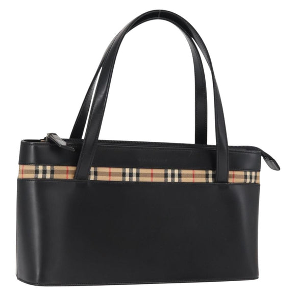 BURBERRY Nova Check Hand Bag Leather Black Silver Auth SW1869