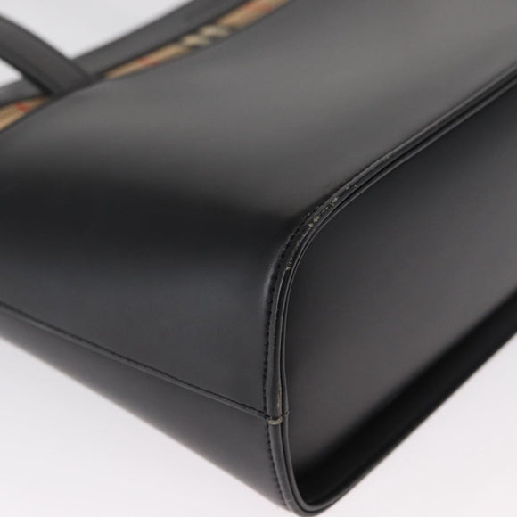 BURBERRY Nova Check Hand Bag Leather Black Silver Auth SW1869